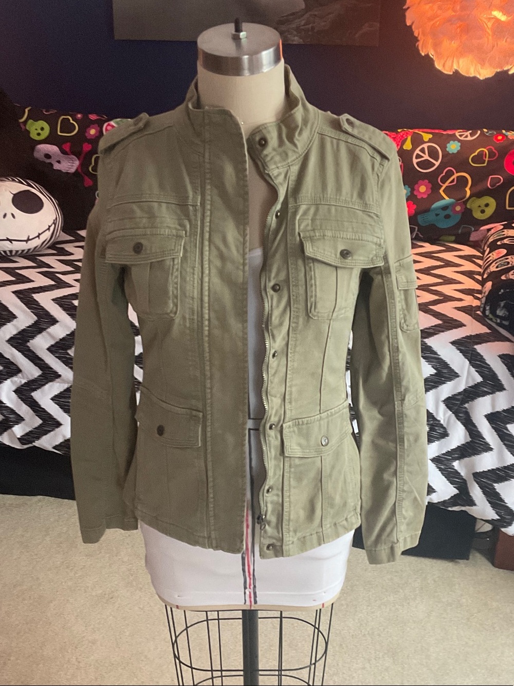 Kensie Olive Green Utility Jacket with Stand Collar